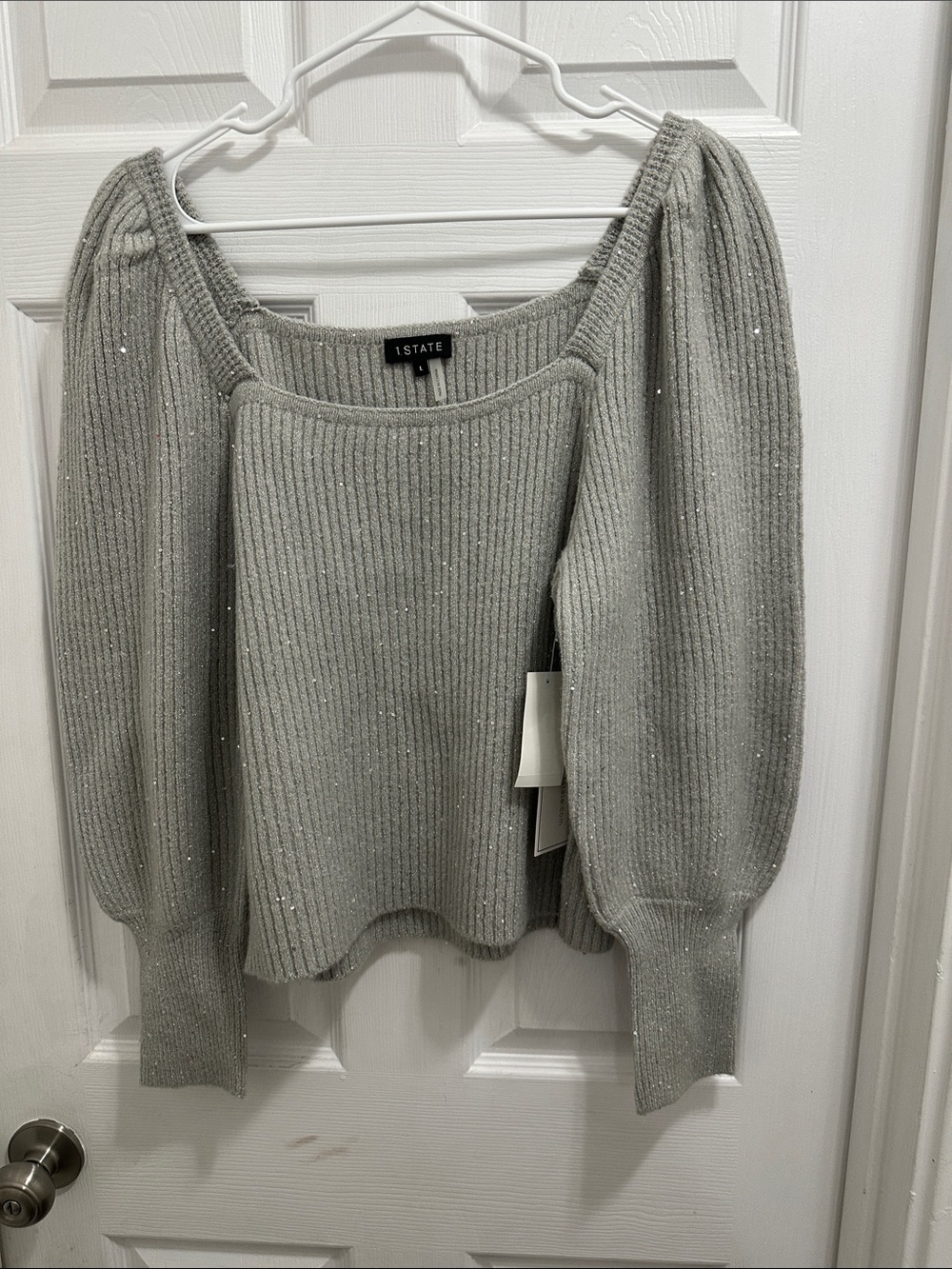 1. State Silver Ribbed Square-Neck Moonlight Garden Silver Heather Sweater NWT